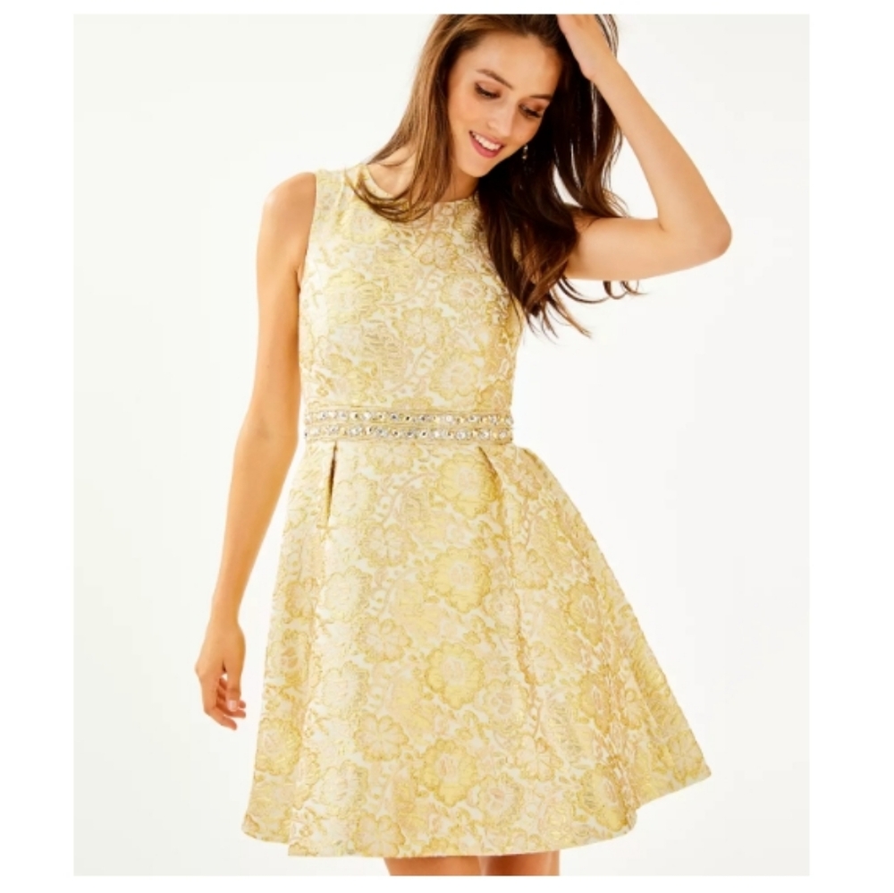 Lilly Pulitzer Levy Dress Gold Metallic Blooming Floral Brocade 4